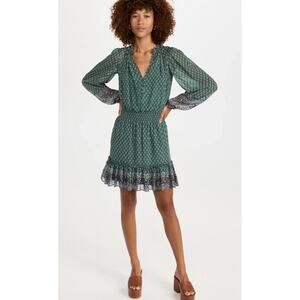 Veronica Beard Destiny Blouson Dress Seaglass Multi Smocked Waist Chiffon Silk